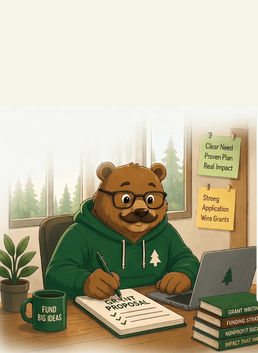 Grant writer bear at desk writing a grant proposal