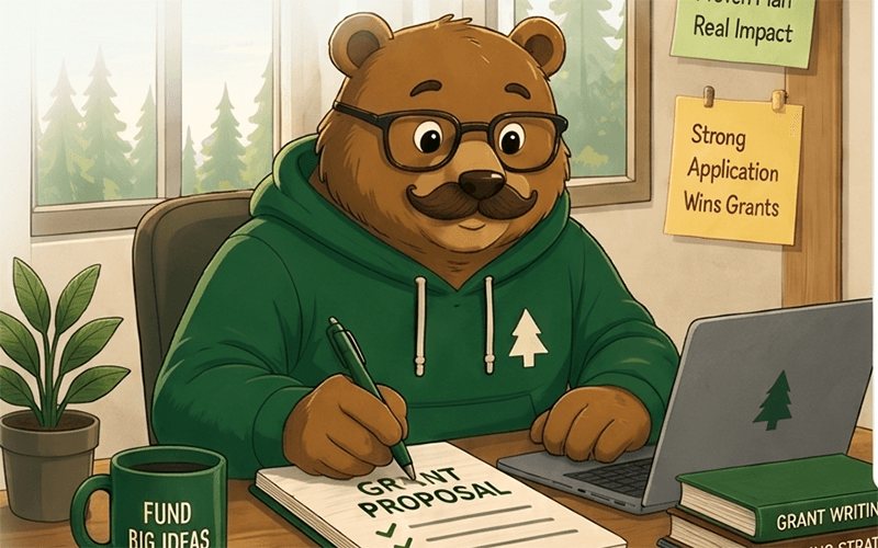 Grant writer bear at desk writing a grant proposal